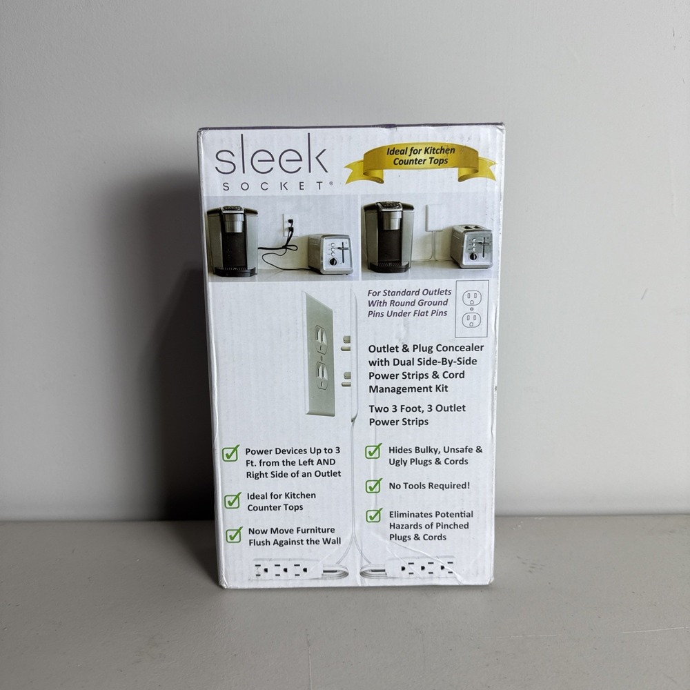 Sleek Socket Original & Patented Ultra-Thin Outlet 3 ft - Dual Cords, White